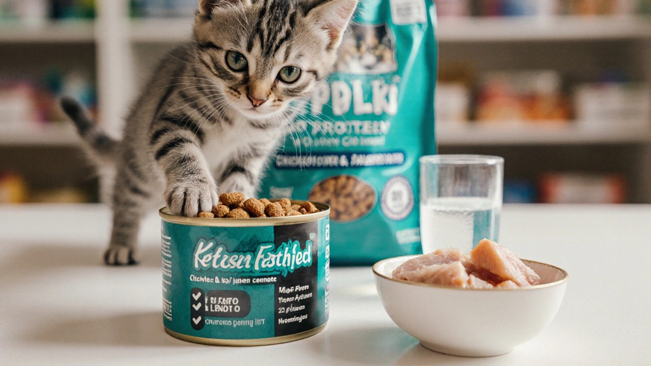 Котёнок играет с пакетом корма для котят с надписью 'без зерновых'.