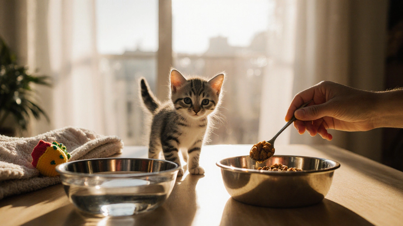 Котёнок в новом доме у двух мисок — еды и воды — на тёплом светлом фоне.