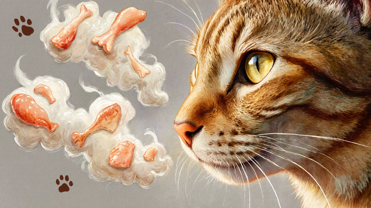 Крупный план носа кошки, окруженного ароматическими облаками курицы и рыбы.