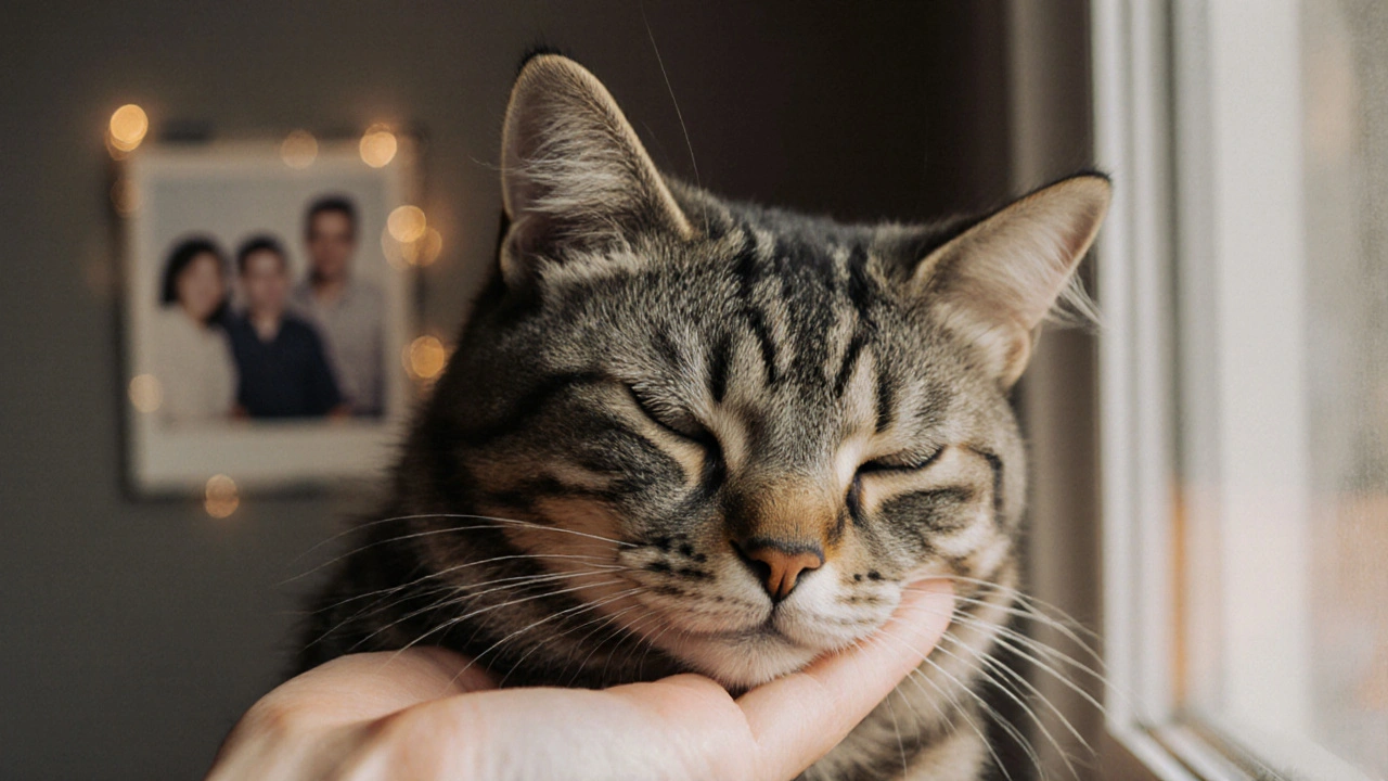 Лицо кошки лежит на руке человека, за ними — размытые воспоминания дома.