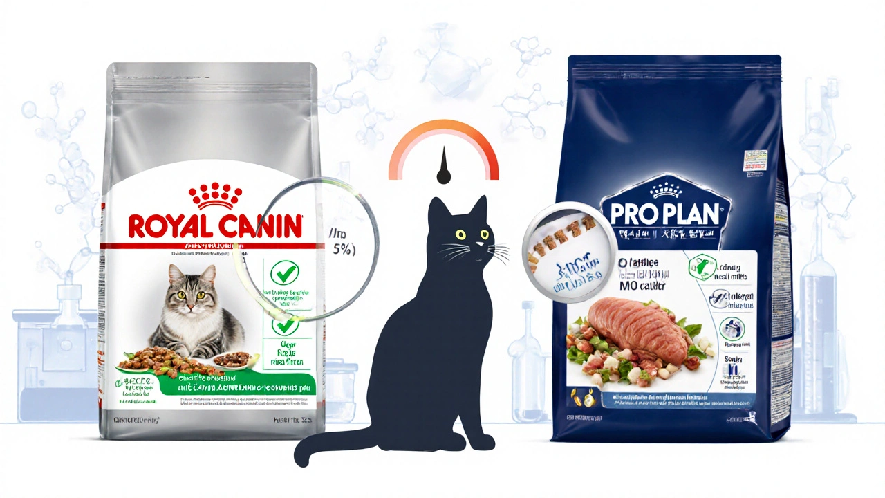 Научная иллюстрация: сравнение точного состава Royal Canin и более общего состава Purina Pro Plan с визуальными метками.