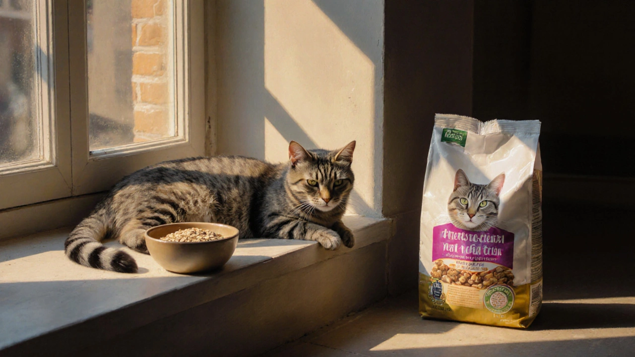 Пожилая кошка на подоконнике, рядом пустая миска с овсянкой и открытый пакет качественного корма.