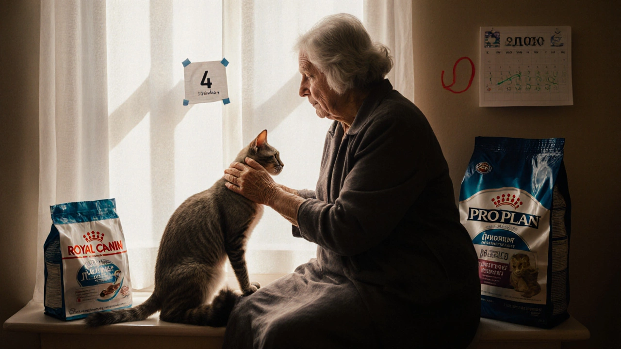 Пожилая женщина гладит свою кошку у окна, рядом с открытым пакетом Royal Canin и заметкой ветеринара.