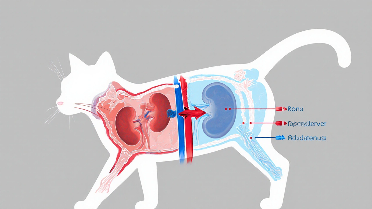 Прозрачное изображение внутренних органов кошки: почки фильтруют мочу с разной концентрацией.