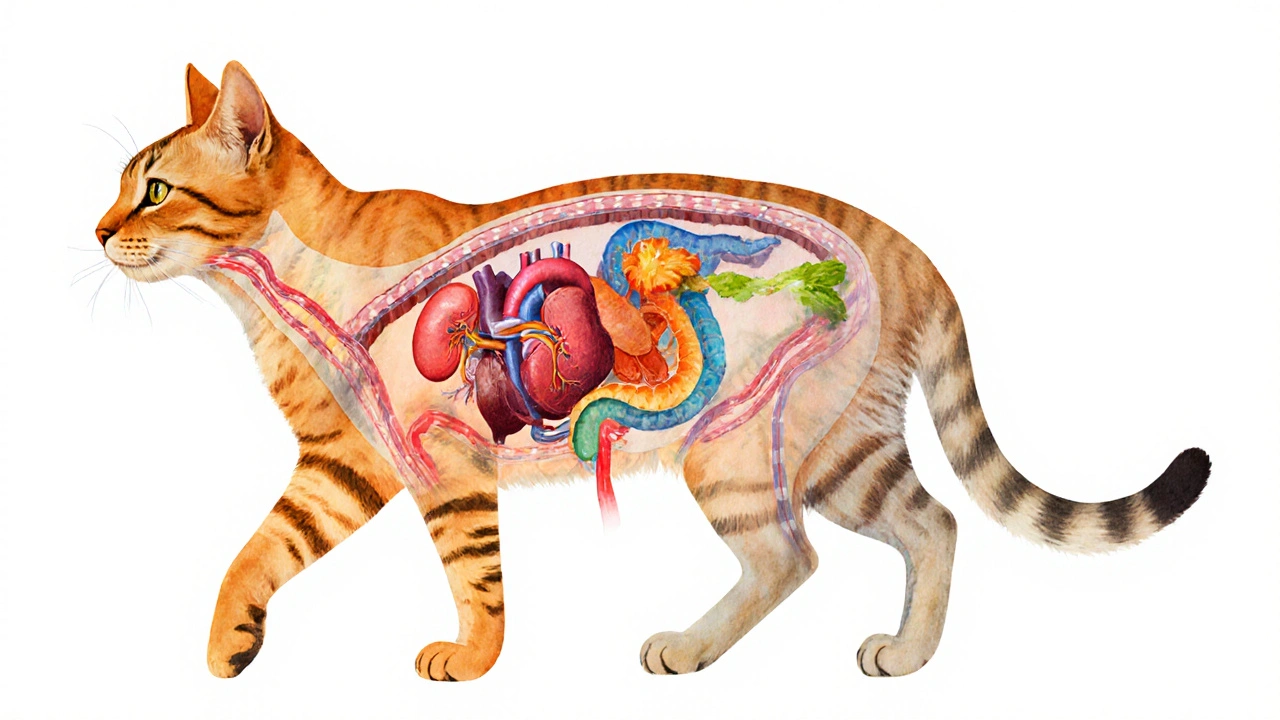 Прозрачный силуэт кошки с внутренними органами, показывающими разницу между разнообразным и однообразным питанием.