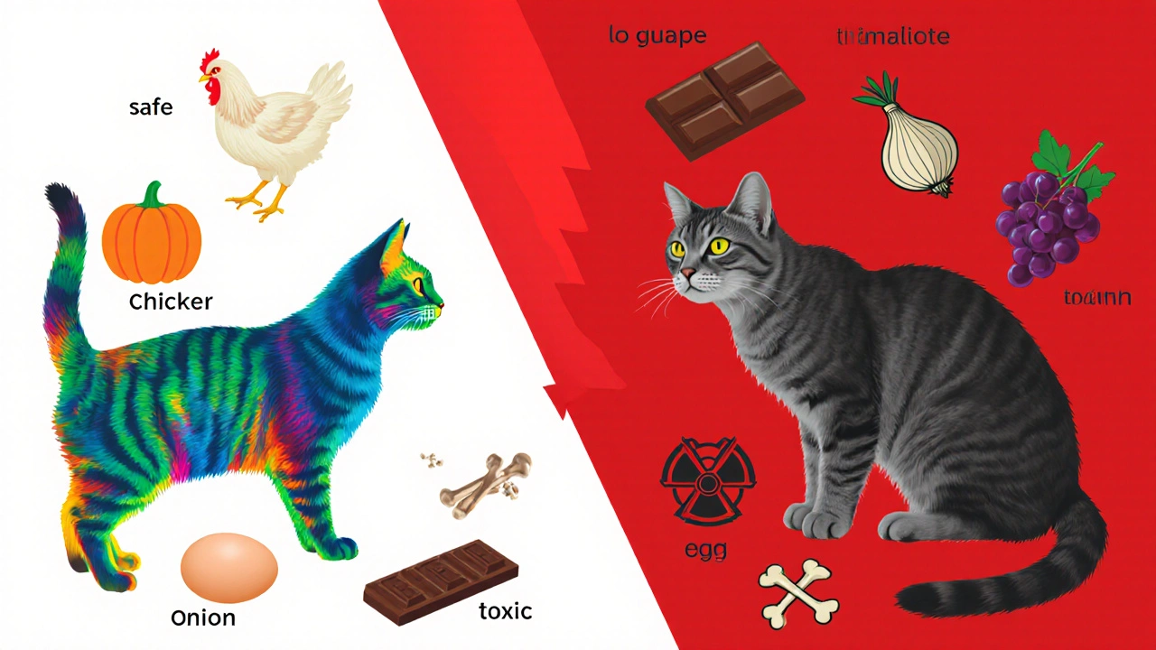 Разделённая сцена: здоровый кот с безопасной едой слева, больной кот с ядовитыми продуктами справа.