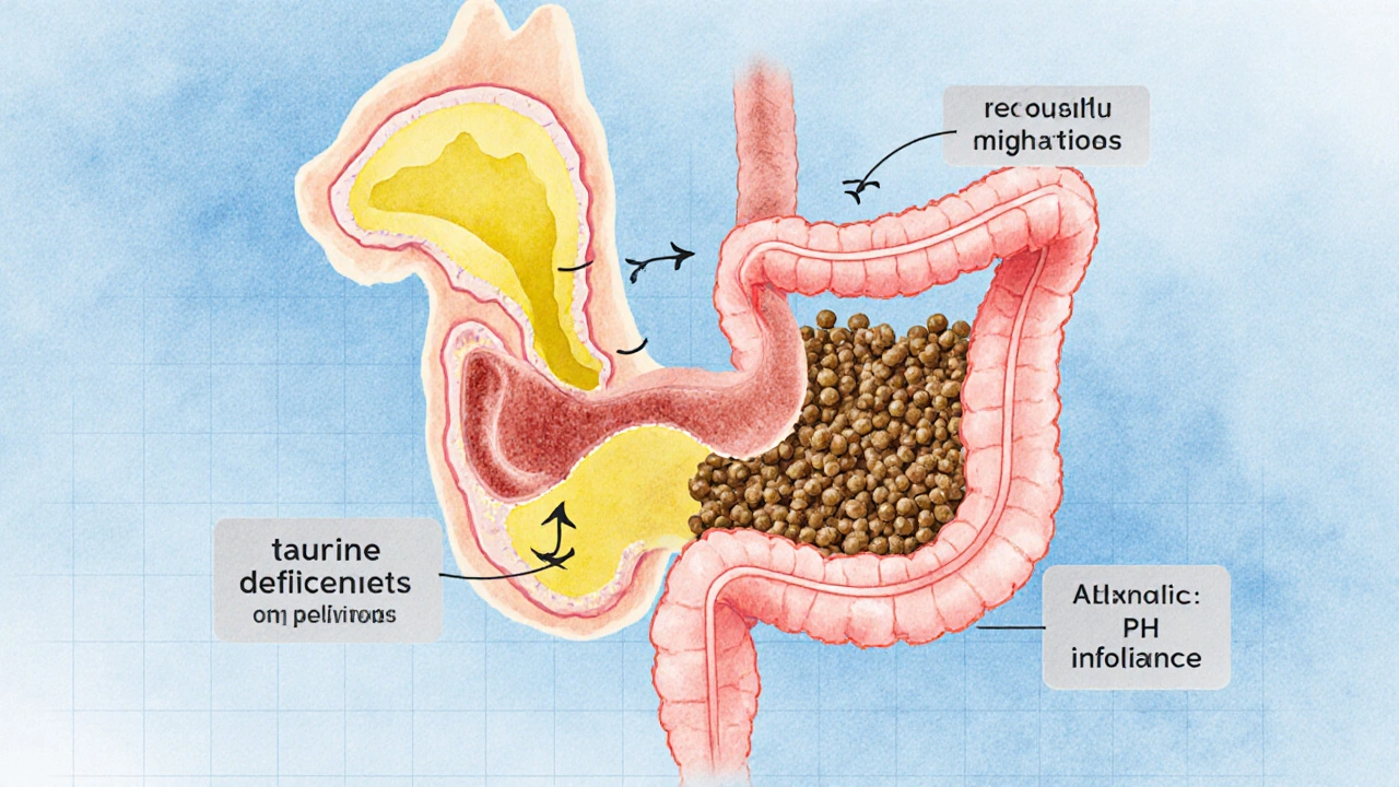 Разрез пищеварительной системы кошки с конфликтом кислотной и щелочной среды.