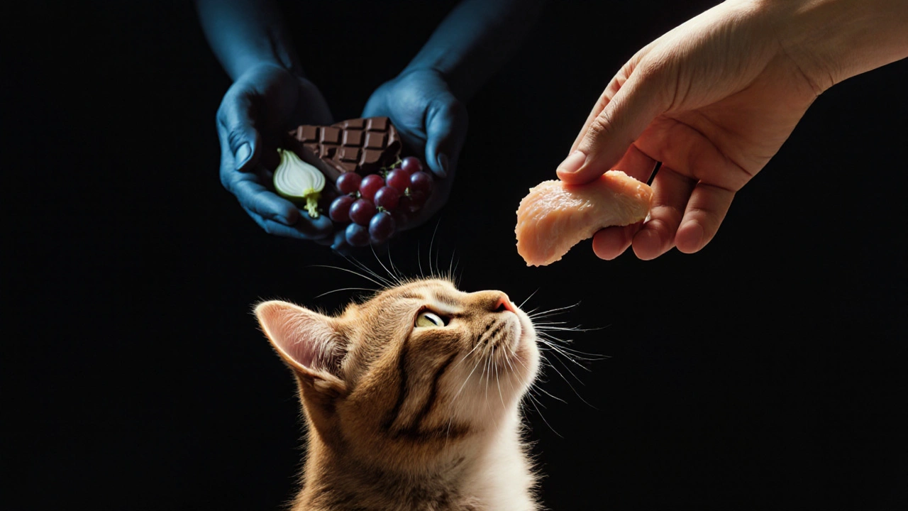 Рука даёт кошке варёную курицу, а на заднем плане — тени запрещённых продуктов.