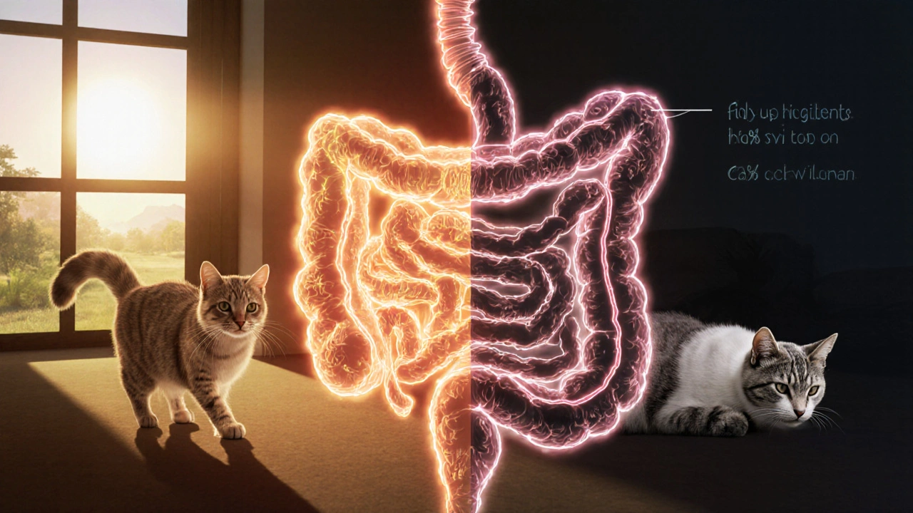 Схема пищеварительной системы кошки: полезные ингредиенты светятся, вредные наполнители темные и тяжелые.