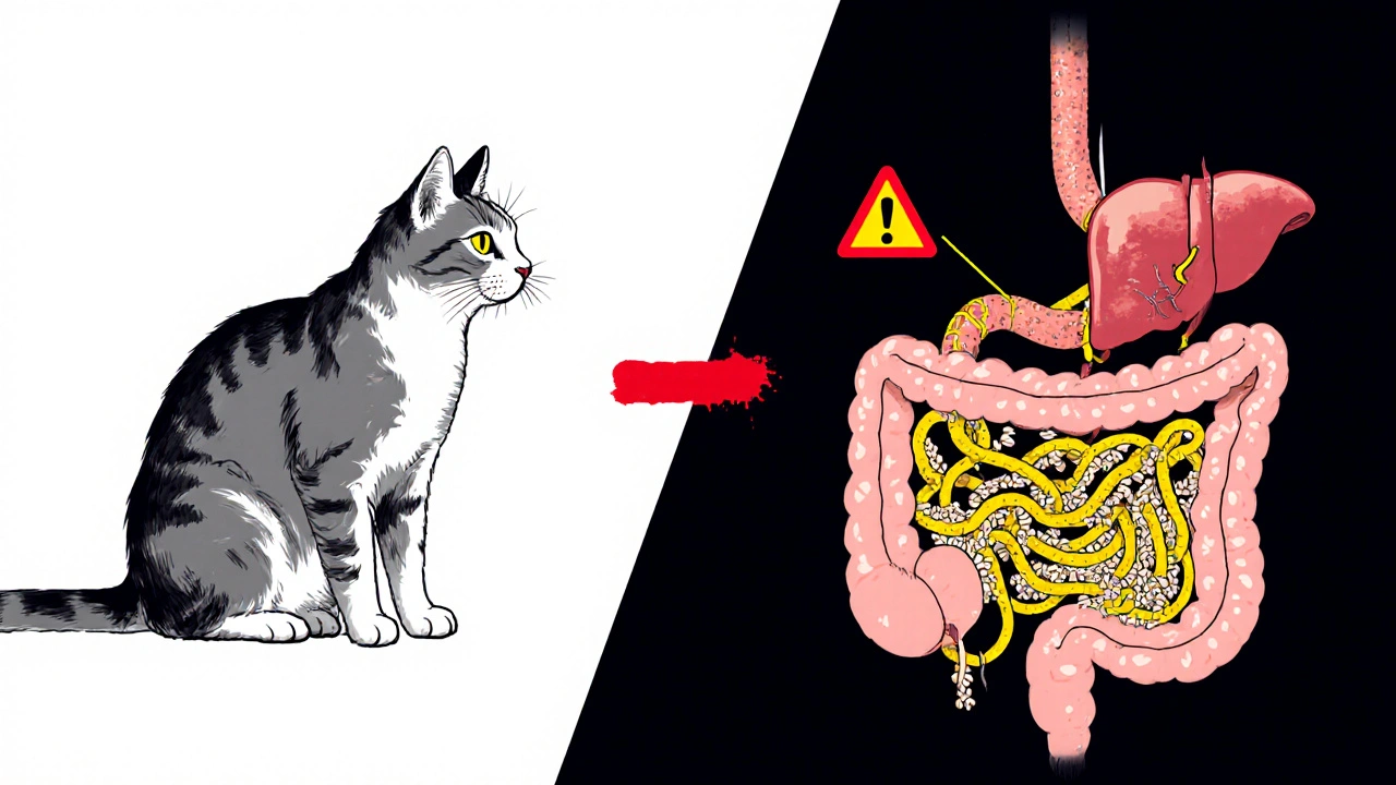 Схема пищеварительной системы кошки с забитым крахмалом кишечником и перегруженными органами.