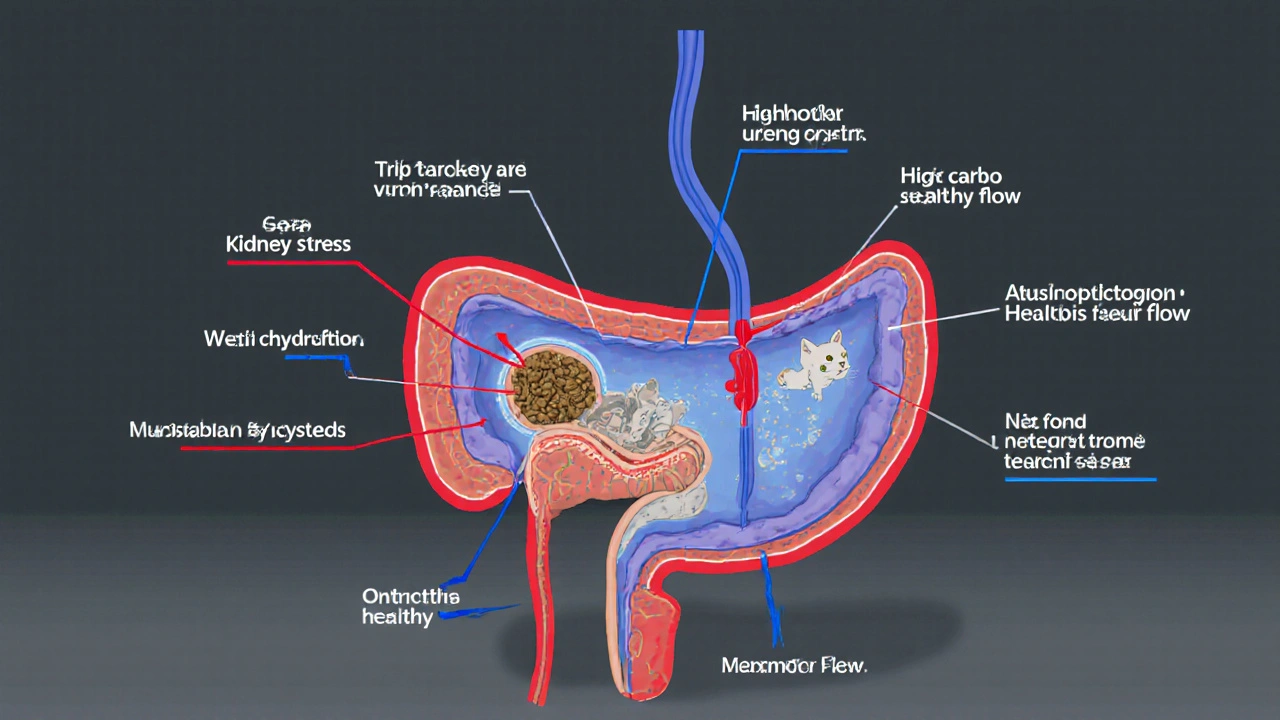 Схематичное изображение пищеварительной системы кошки с акцентом на концентрацию мочи при сухом корме.
