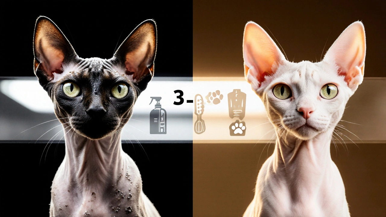 Сравнение грязной и чистой сфинксов: слева — жирный налёт, справа — свежая кожа после купания.