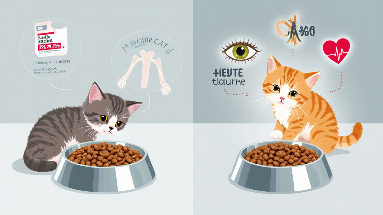 Сравнение: слабый котёнок с дешёвым кормом и здоровый котёнок с качественным кормом.