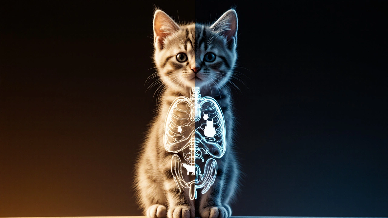 Сравнение внутреннего воздействия правильного и вредного питания на котёнка.