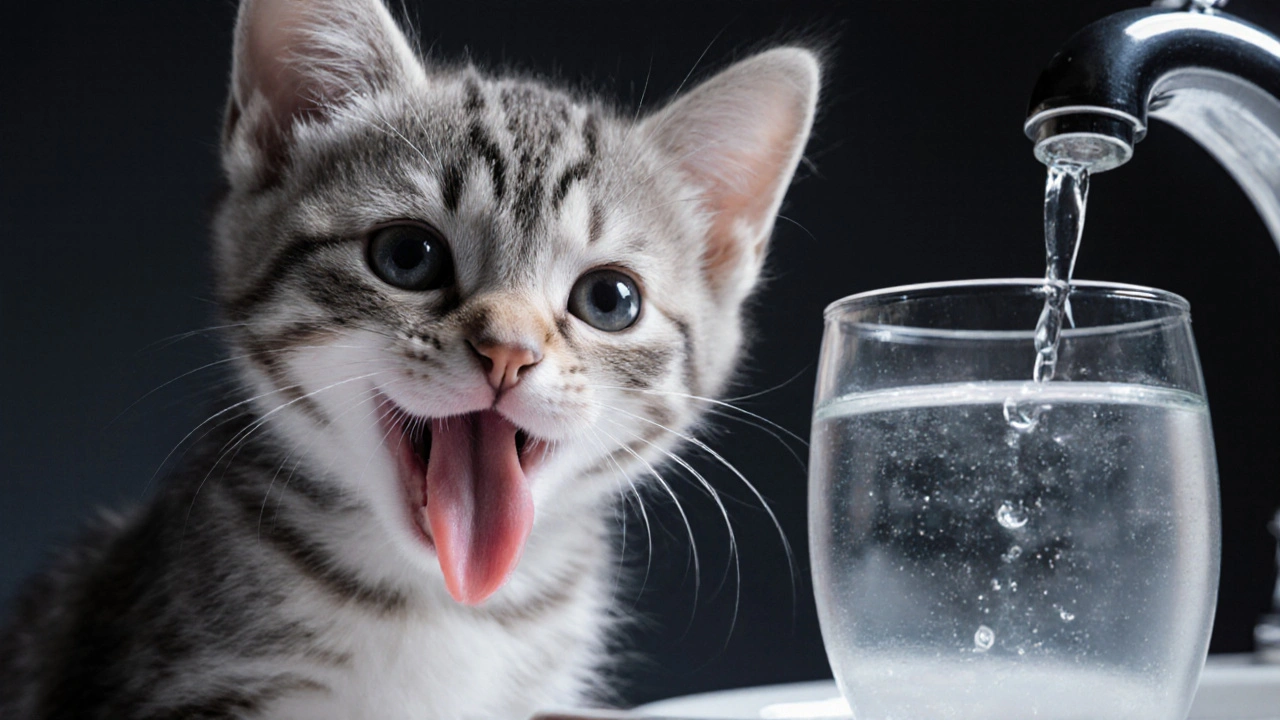 Сухие десны котёнка и свежая вода рядом — признаки обезвоживания.