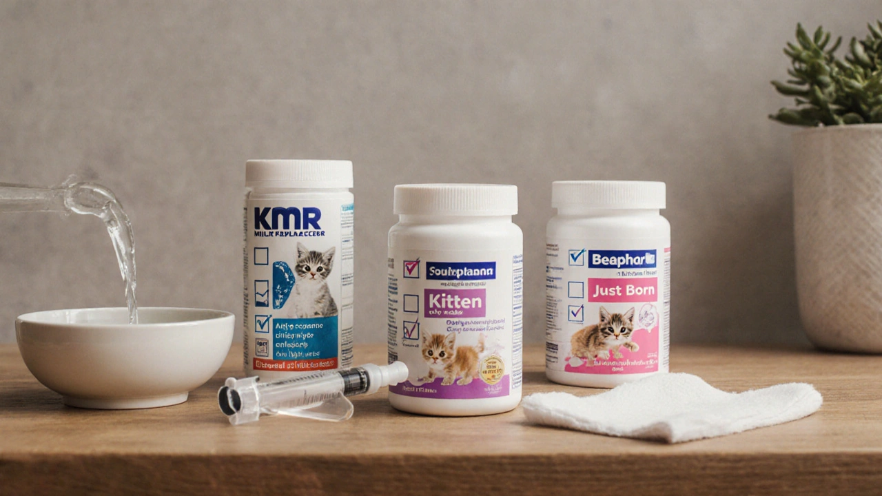 Три марки заменителей кошачьего молока на столе с шприцем и термометром.