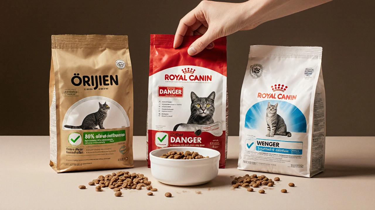 Три упаковки корма для кошек: качественный, опасный и специализированный — как выбор здоровья.