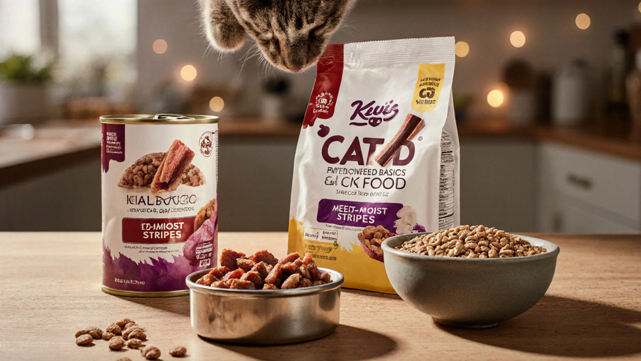 Три вида корма для кошек: консервы, полувлажные лепёшки и сухой корм на деревянной поверхности.