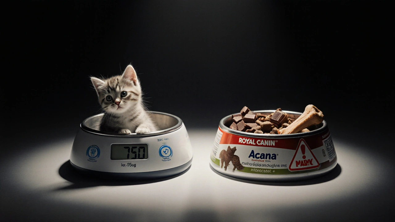 Вес котёнка 750 грамм рядом с правильным и вредным кормом