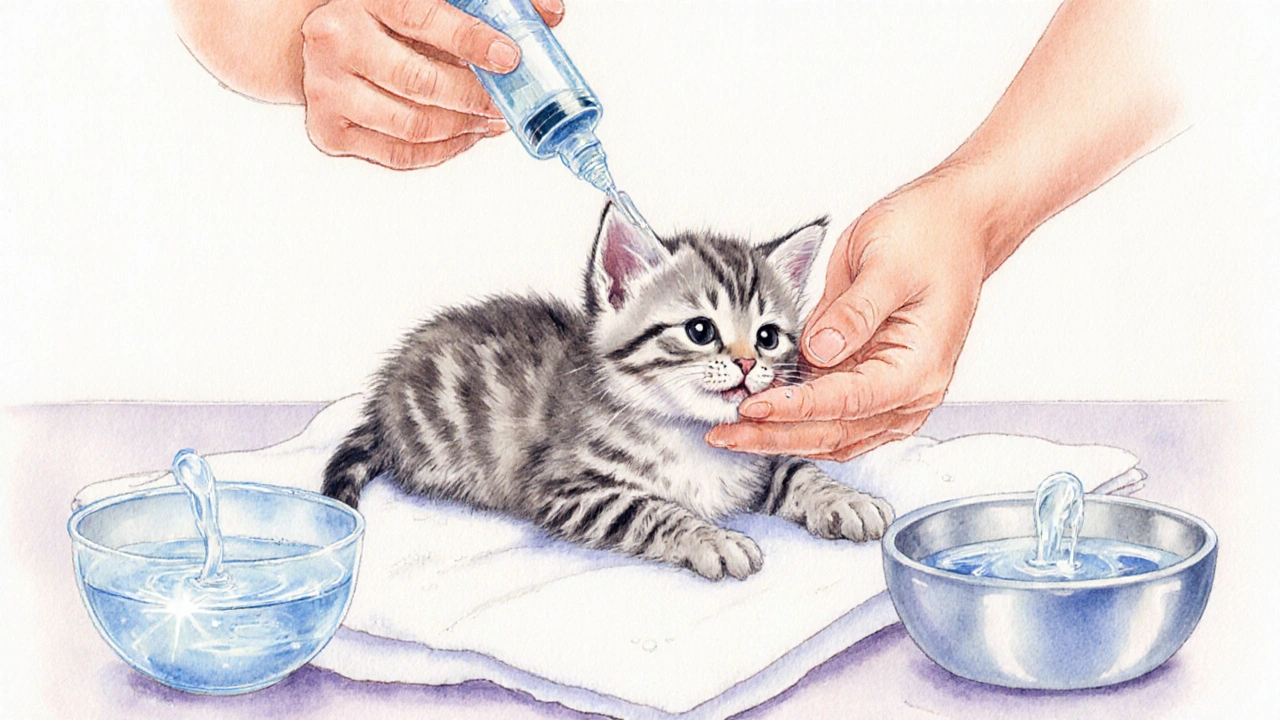 Ветеринар аккуратно дает котенку воду из шприца без иглы на белом полотенце.