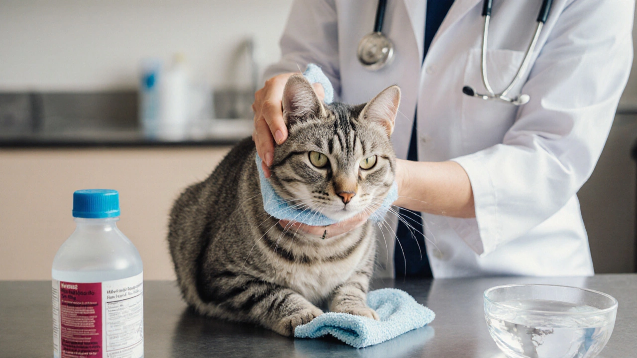 Ветеринар аккуратно протирает пожилую кошку влажной салфеткой в клинике.