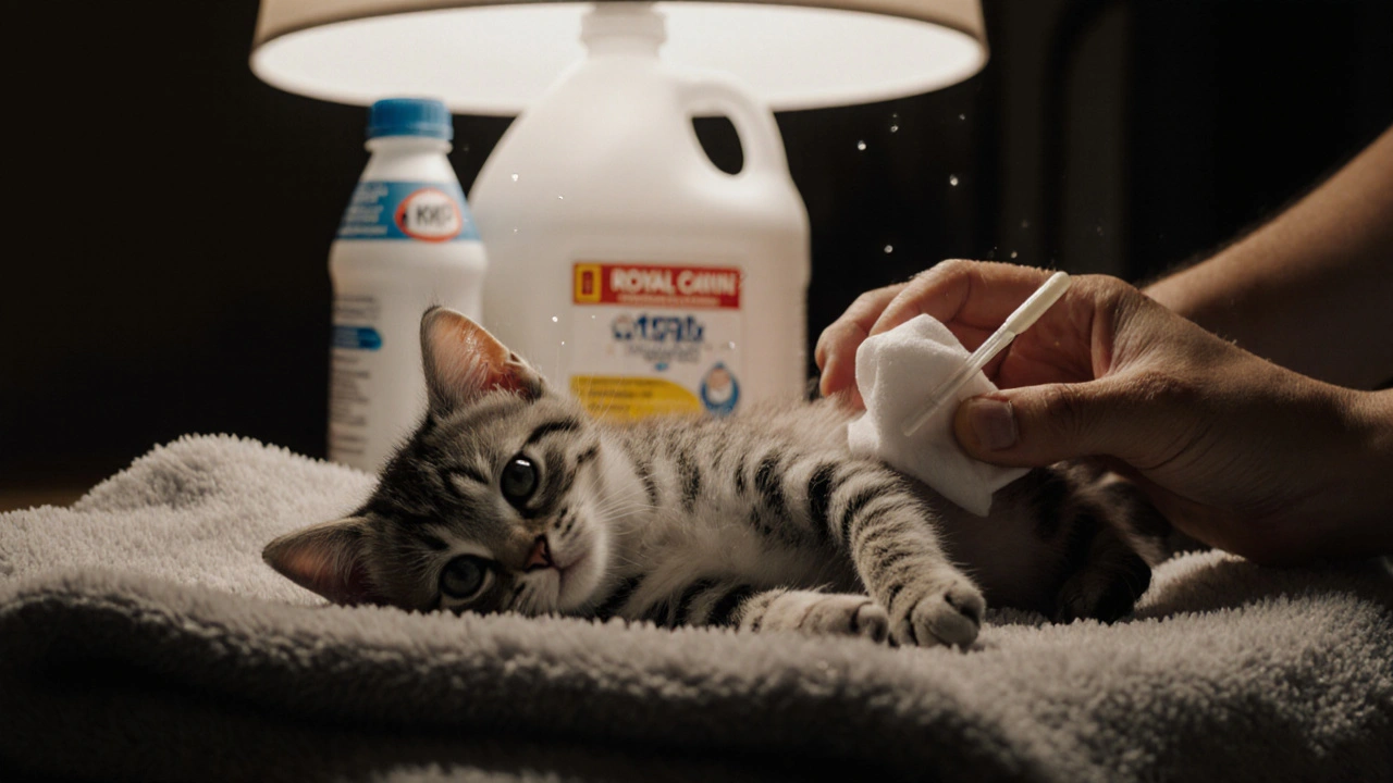 Ветеринар массирует живот котёнка ватной палочкой, чтобы помочь ему сходить в туалет.