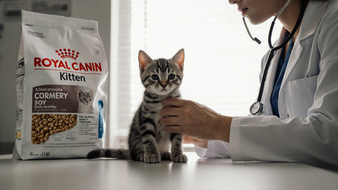 Ветеринар осматривает вялого котёнка, рядом лежат пакеты корма.