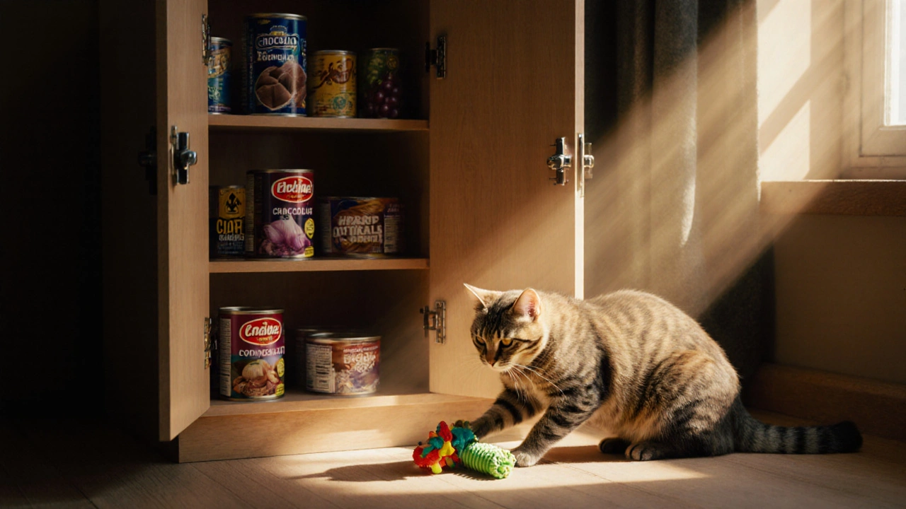 Закрытый шкаф с опасными продуктами внутри, снаружи — здоровая кошка с безопасной игрушкой.