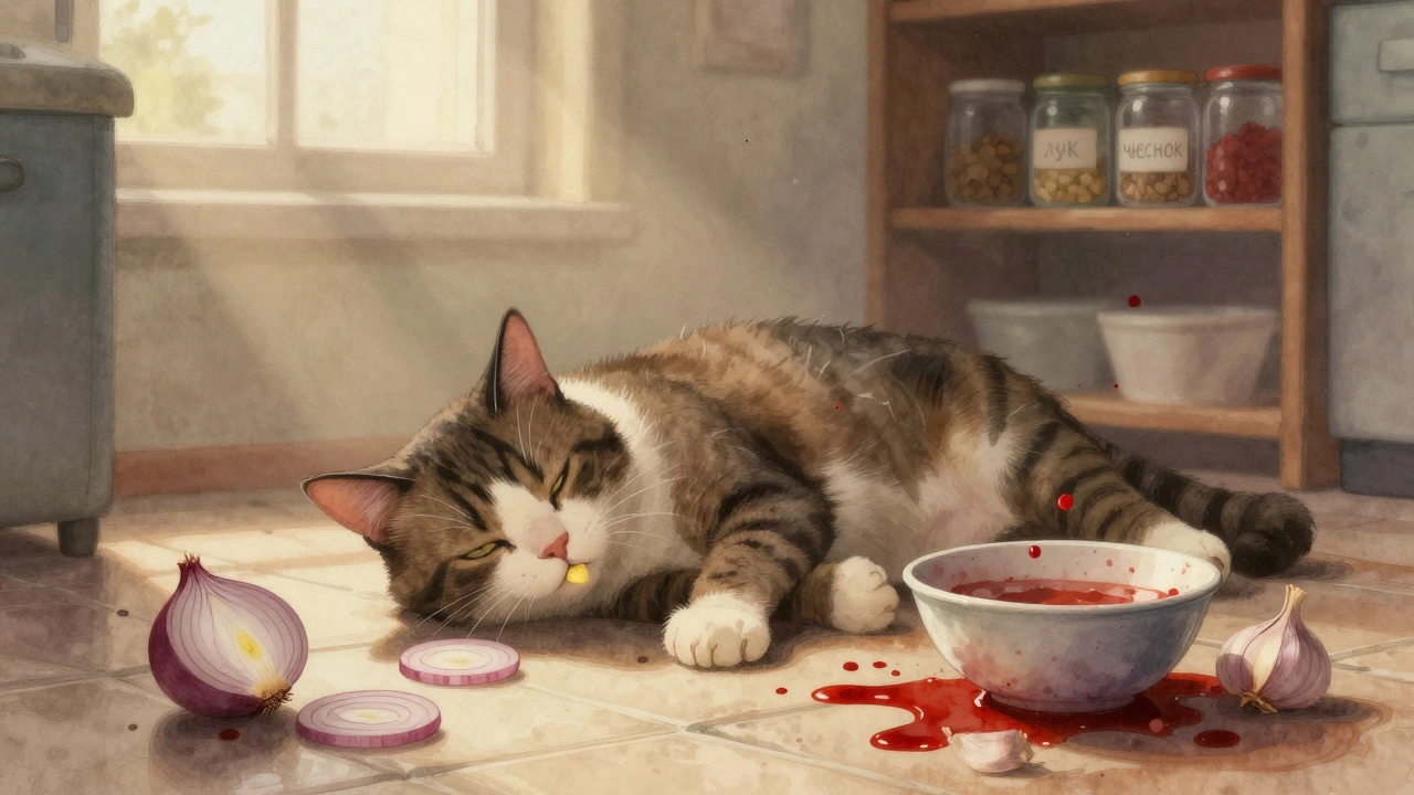 Больная кошка на полу рядом с луком и чесноком, желтые десны.