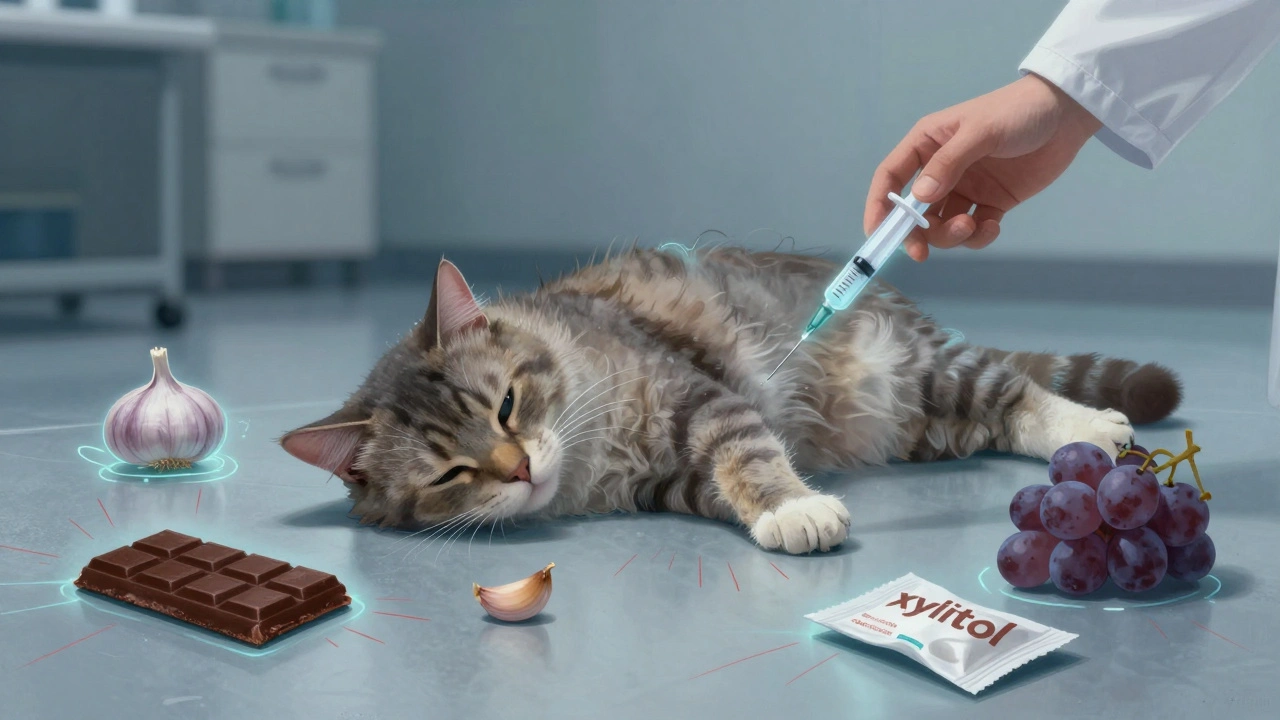 Больная кошка на полу ветеринарной клиники, вокруг нее светящиеся силуэты токсичных продуктов.