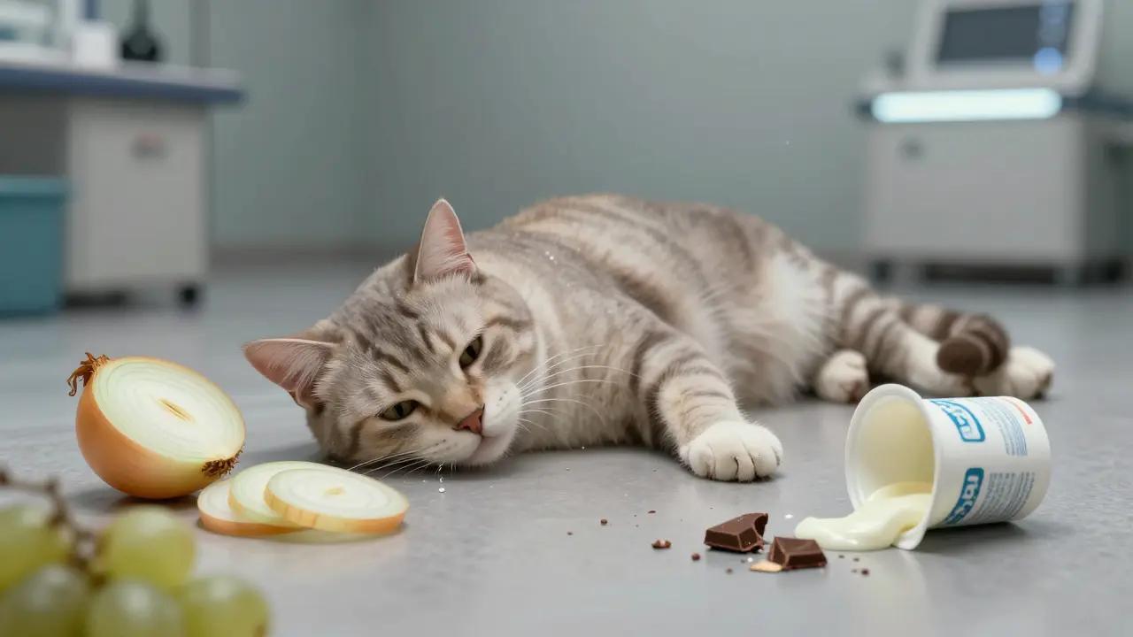 Больная кошка на полу ветклиники среди опасных продуктов.