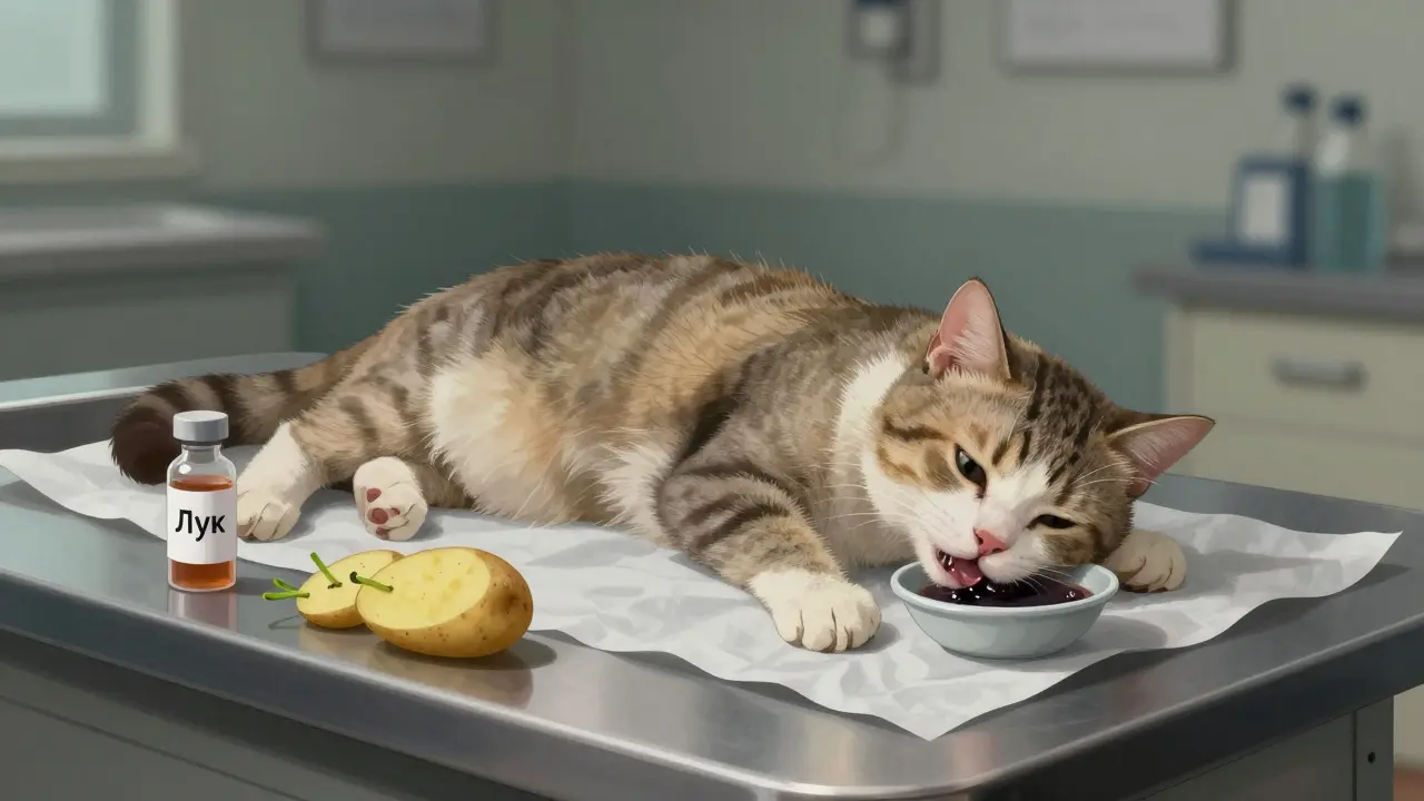 Больная кошка на ветеринарном столе с признаками отравления луком.