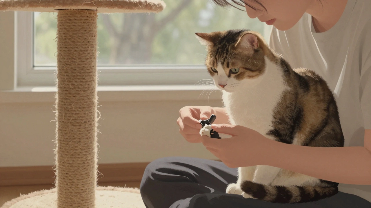 Человек подстригает когти спокойной кошке, рядом — когтеточка и солнечное пятно на полу.