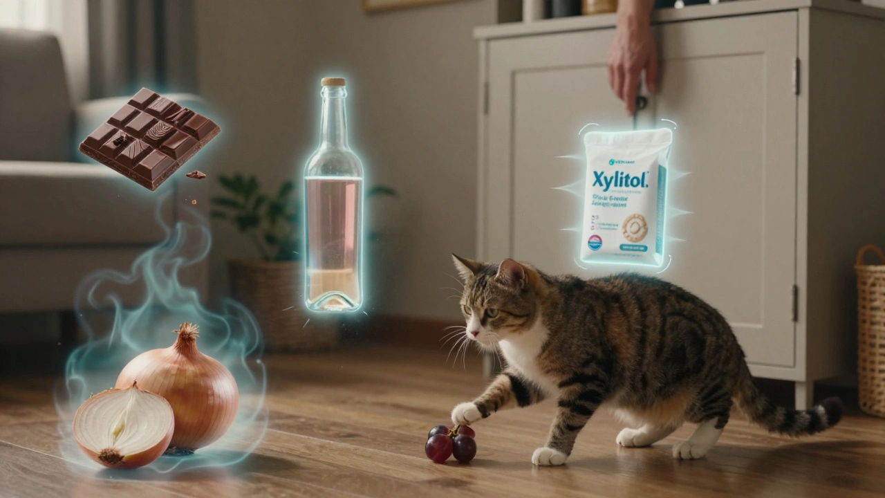 Домашний интерьер с невидимыми барьерами вокруг опасных продуктов, кошка осторожно подходит к виноградине.