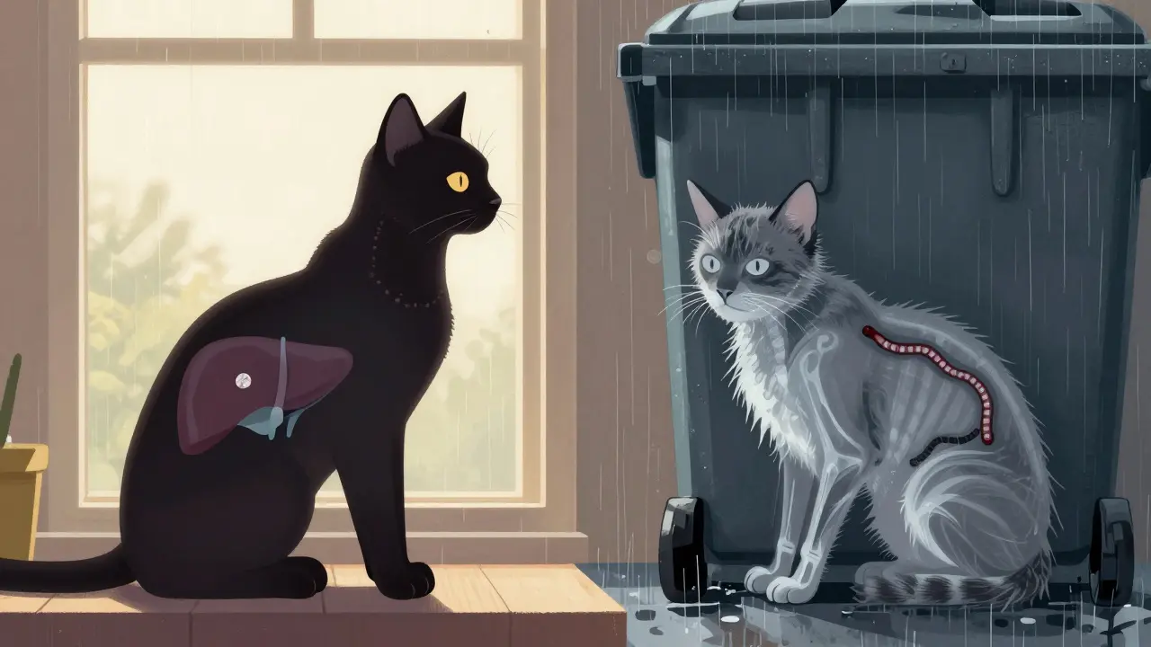 Две кошки: домашняя и бездомная — с прозрачными рентгеновскими изображениями их внутренних болезней.