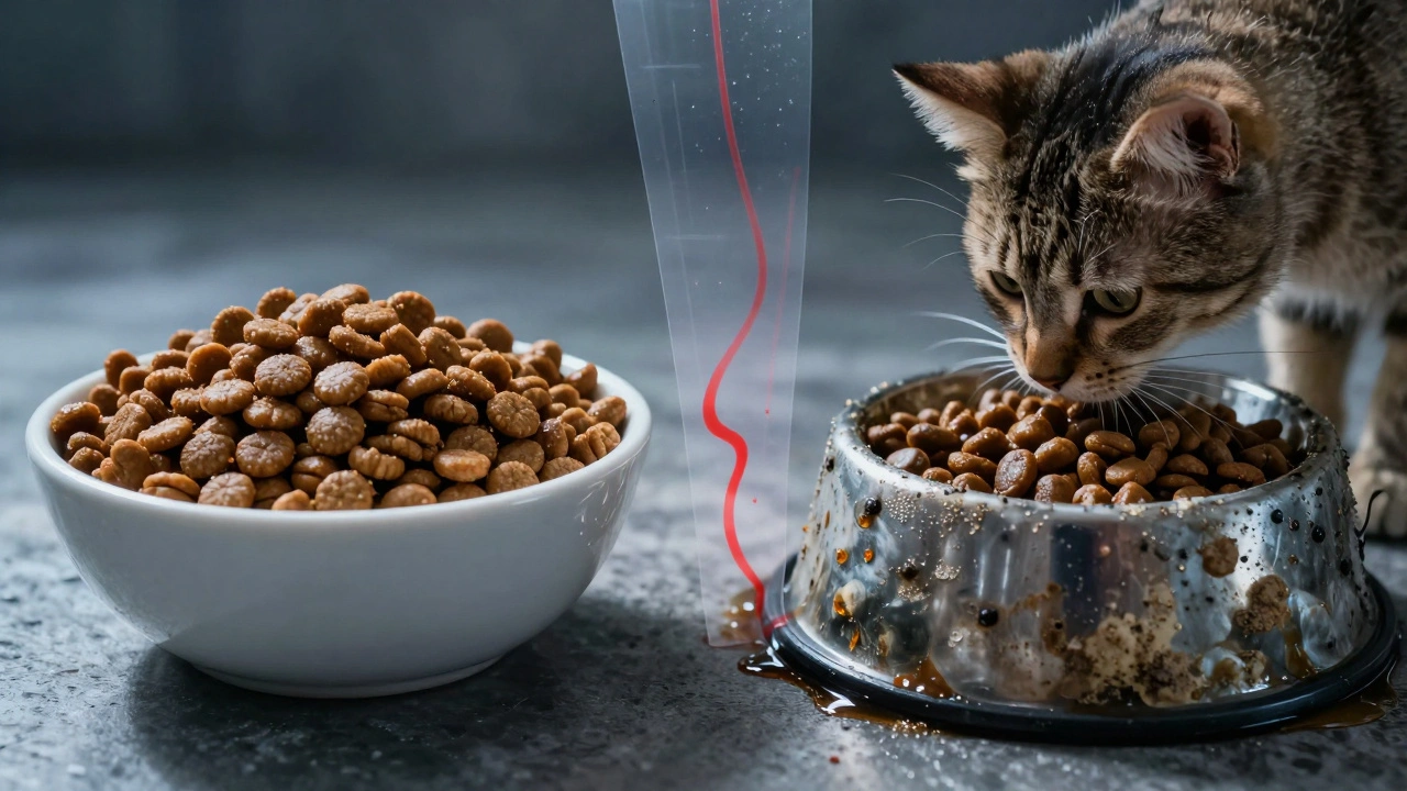 Две миски: одна со свежим кормом, другая — испорченным, кошка колеблется между ними.