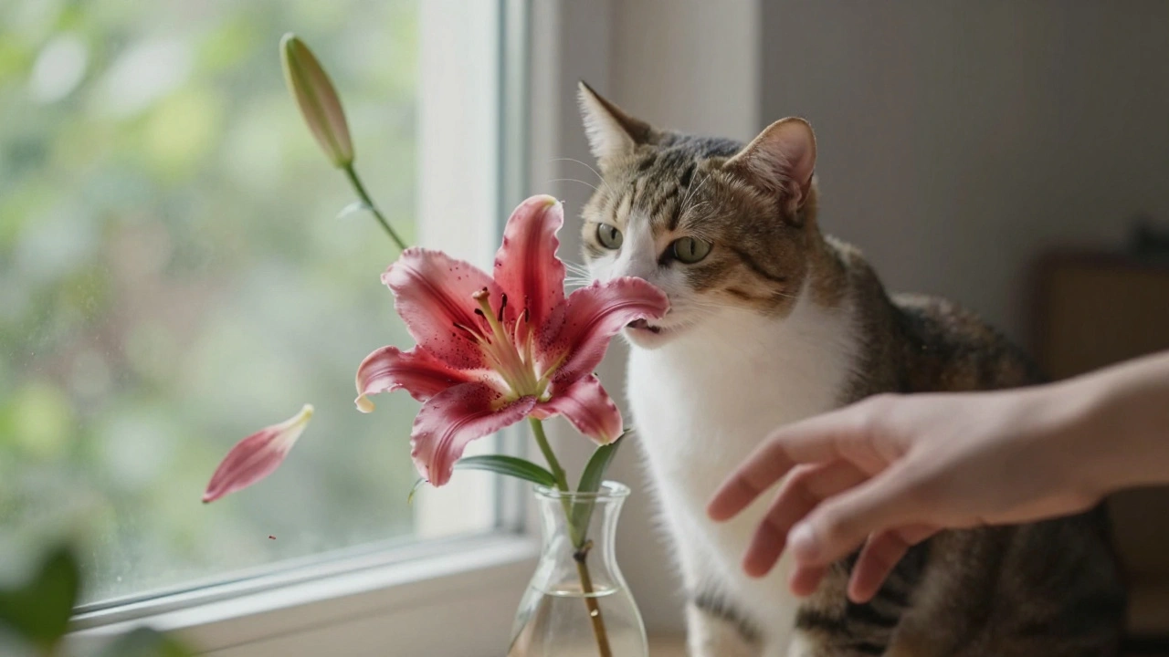 Кошка ест лепесток лилии у окна, солнечный свет падает на цветок.
