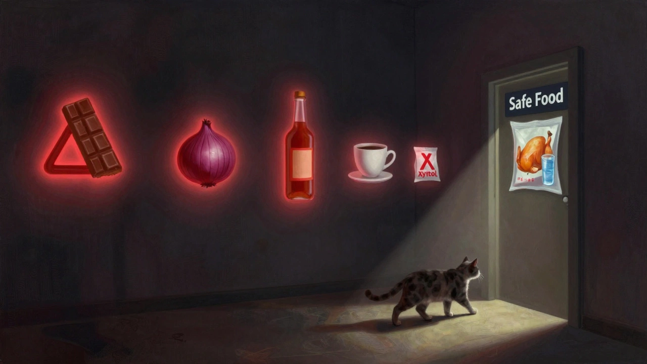 Кошка идет по темному коридору, где вокруг нее плавают символы токсичных продуктов.