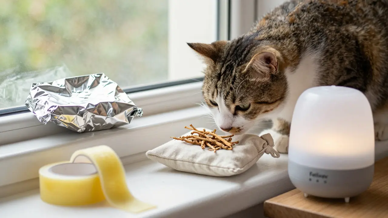 Кошка ласкает мешочек с валерианой, рядом — фольга и ультразвуковой отпугиватель.