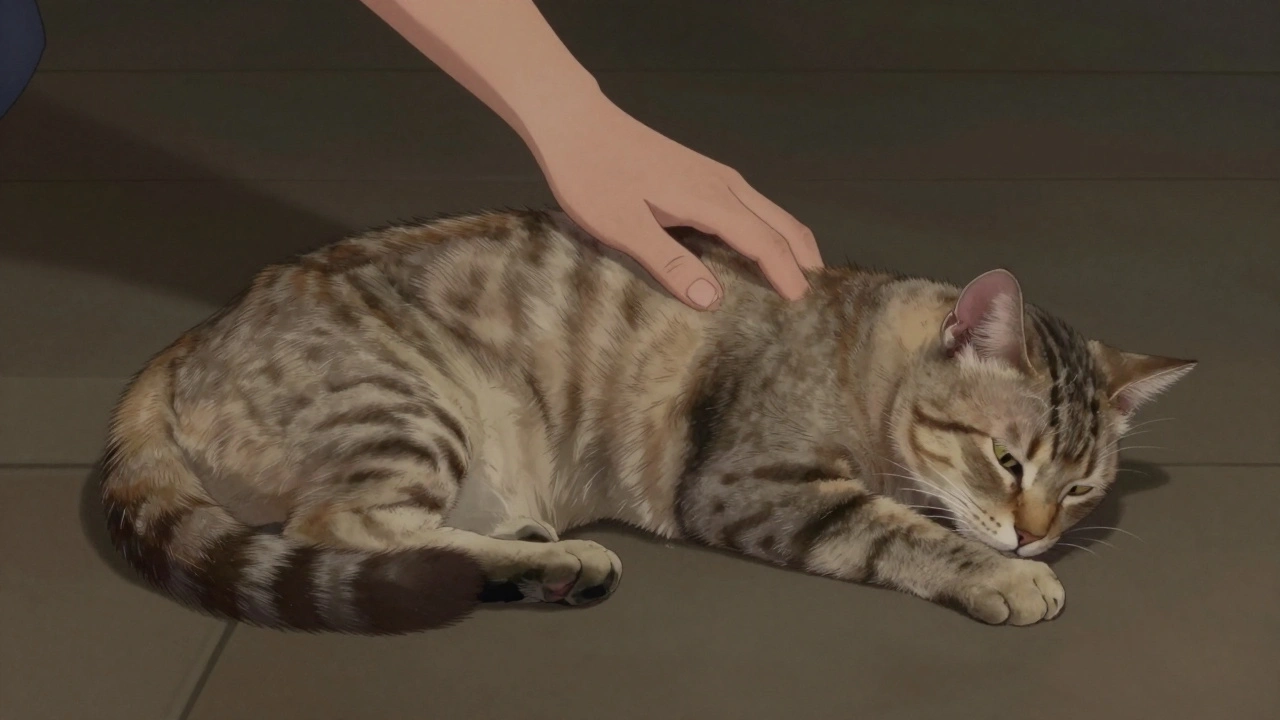 Кошка лежит на боку, её осторожно гладят по спине, хвост прижат.