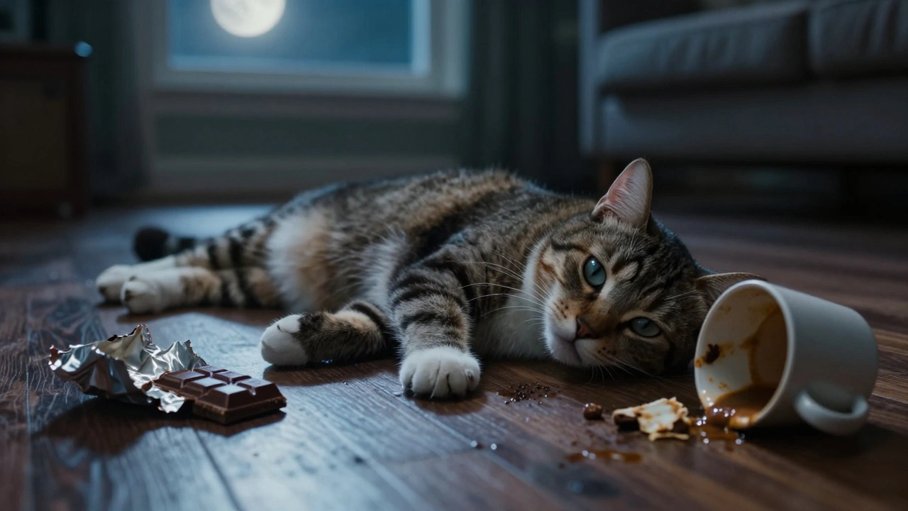 Кошка лежит на полу рядом с шоколадной оберткой и кофейной чашкой.