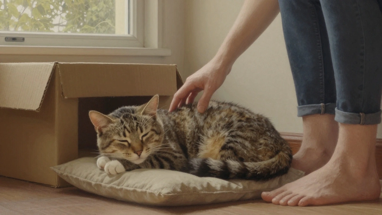 Кошка лежит рядом с человеком, медленно моргает — доверие без прикосновений.