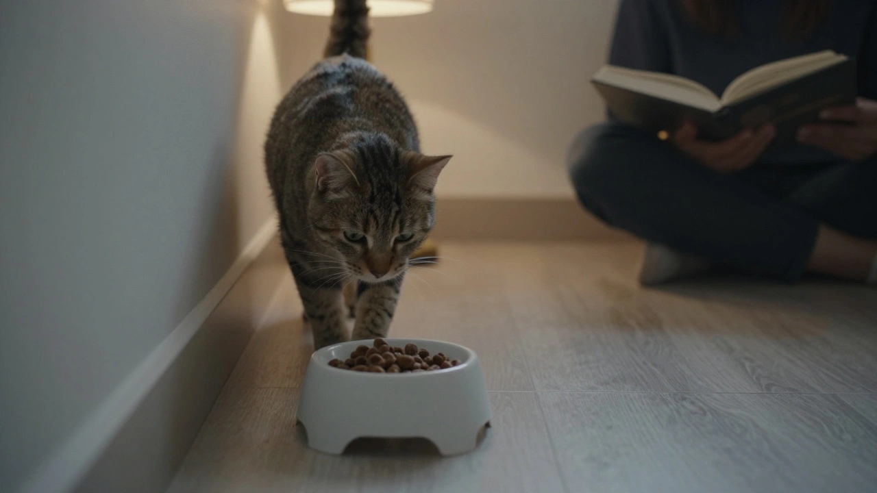Кошка медленно подходит к миске с едой, а человек тихо сидит рядом на полу.