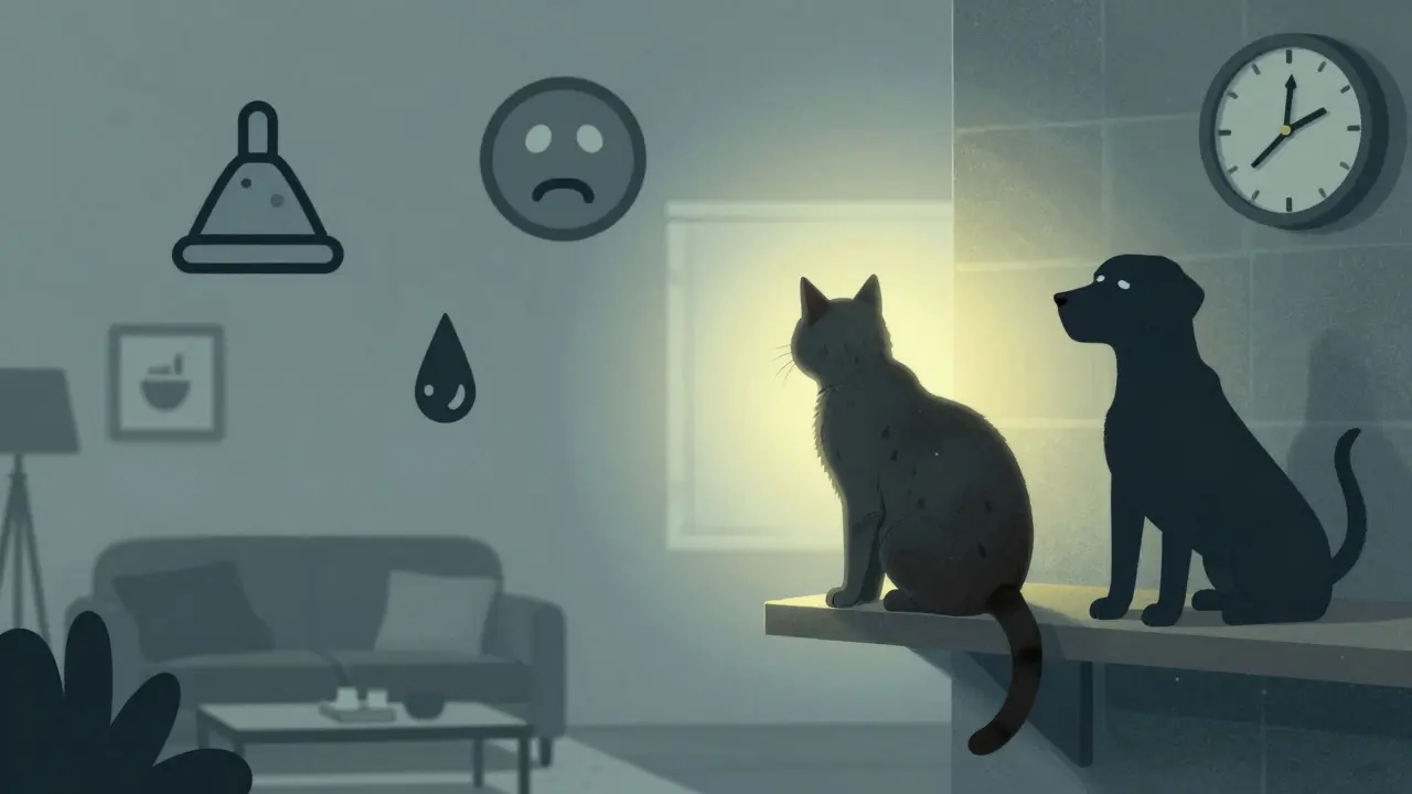 Кошка на полке наблюдает за абстрактными символами страхов в комнате.