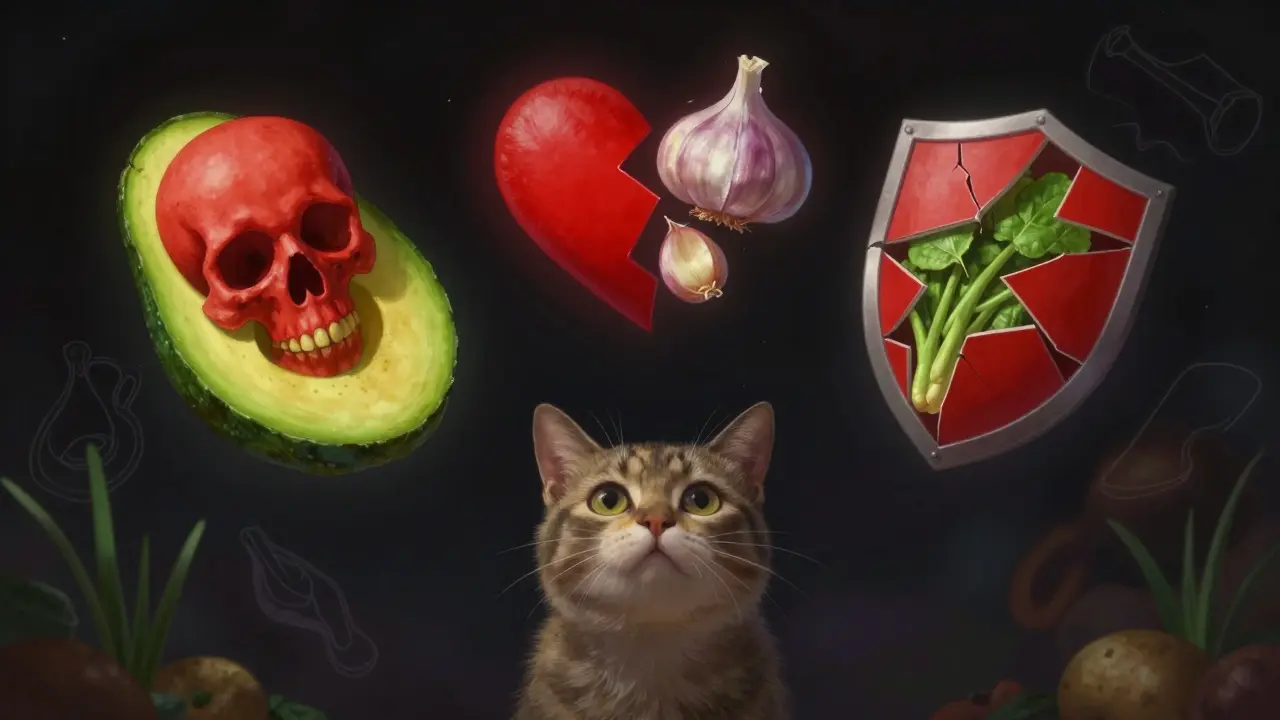 Кошка окружена символами опасных овощей в темном пространстве.