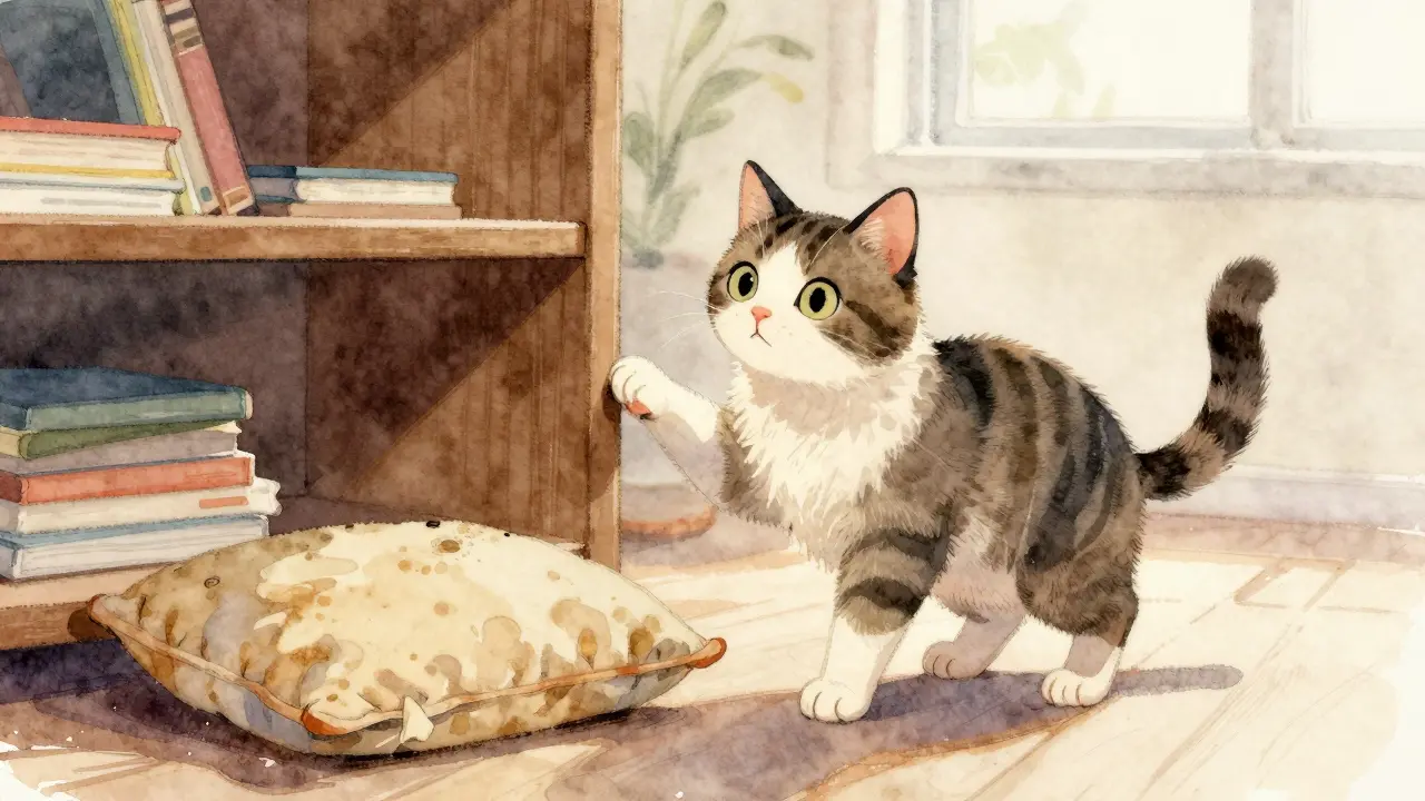 Кошка осторожно исследует новую мебель, оглядываясь на знакомую подушку.