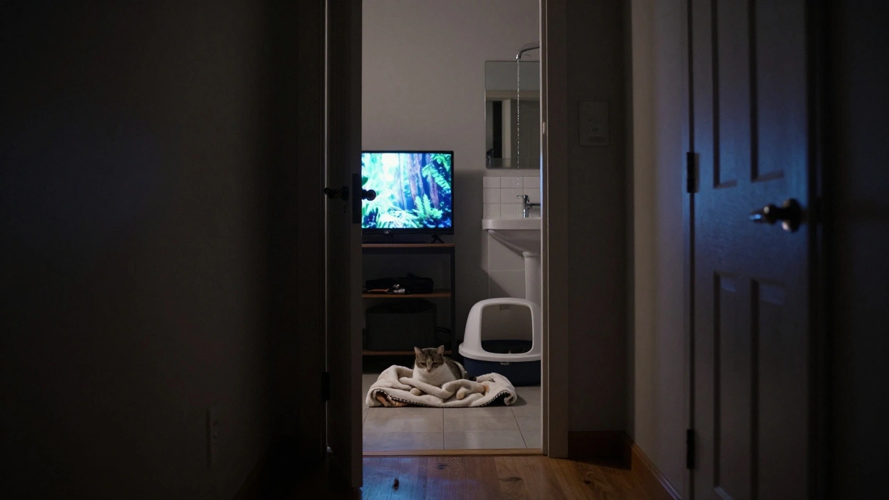 Кошка отдыхает в безопасной зоне, а за дверью тускло светит телевизор и капает кран.