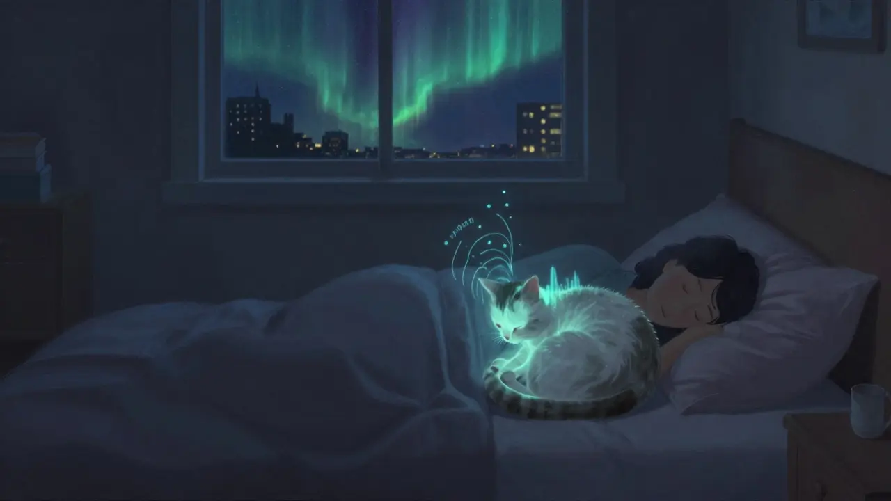 Кошка спит рядом с человеком ночью, вокруг неё видны мягкие волны звука мурлыканья.