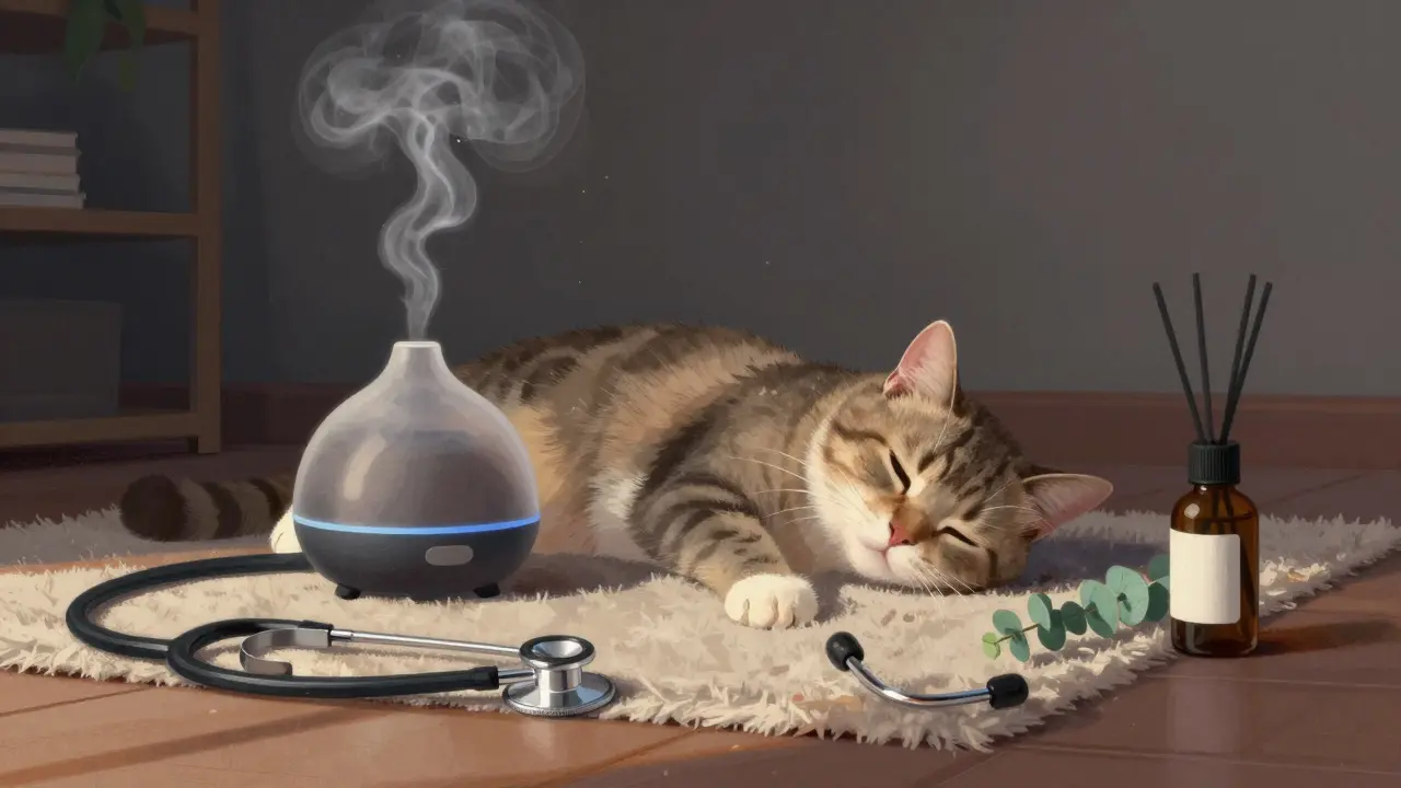 Кошка вялая, вокруг неё — дым от аромадиффузора, рядом лежит бутылочка эвкалиптового масла.