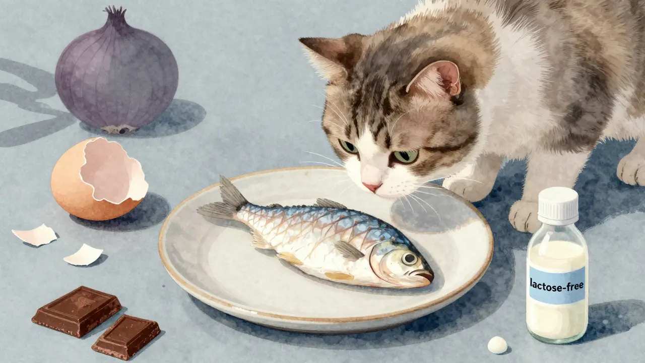 Кот осторожно обнюхивает вареную рыбу, вокруг — символы запрещённых продуктов.